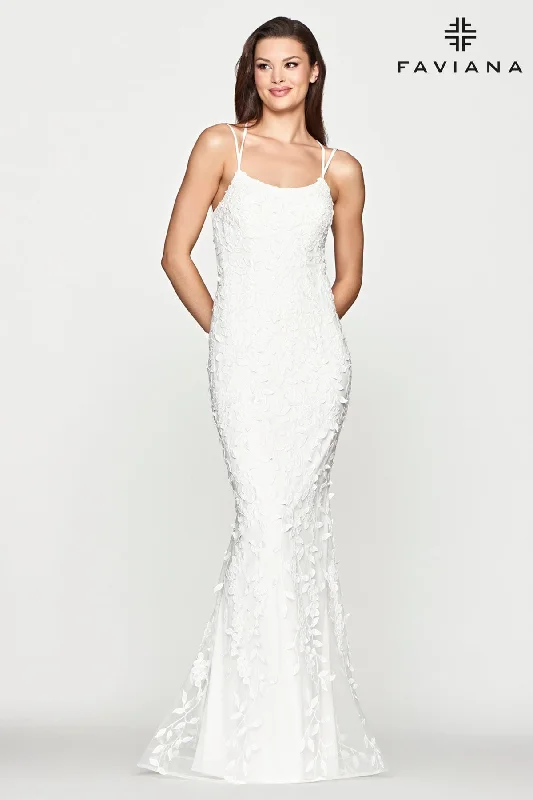 Faviana S10663 Scoopneck Double Strap Fit & Flare Lace Gown With Lace Up Back | Ivory, Light Pink, and Light Orchid Lace Dress Lookbook