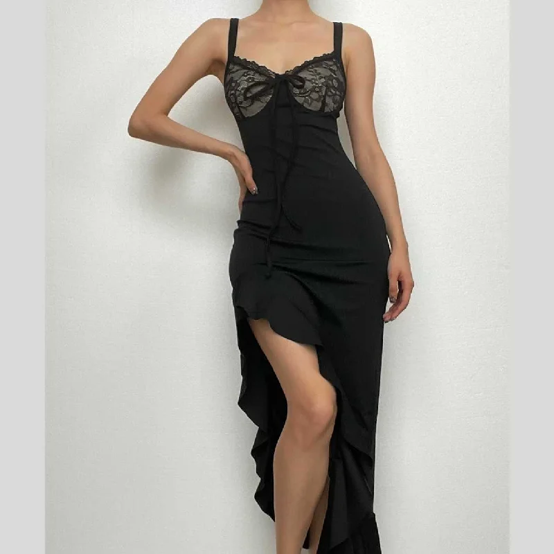 BerryBetty - Ruffle slit v neck irregular backless lace cami midi dress Lace Dress for Women