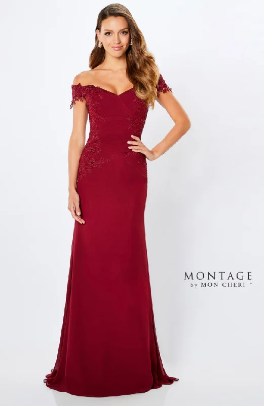 Montage 221964 Rouched Chiffon Off The Shoulder Gown With Lace Applique Ruffled Lace Gown