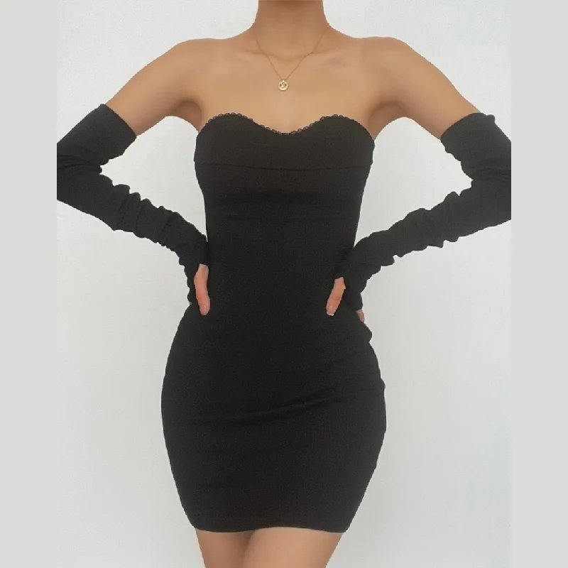 BerryBetty - Sleeveless solid lace hem gloves tube dress Modern Lace Dress