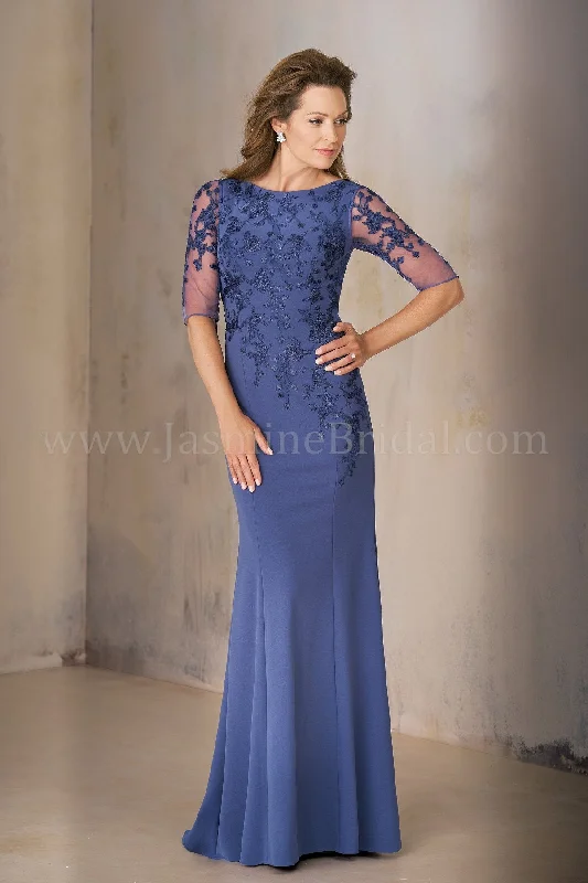 Jasmine K208002U Long Jewel Neckline Stretch Crepe w/ Lace MOB Dress with Sleeves Lace Dress Perfect