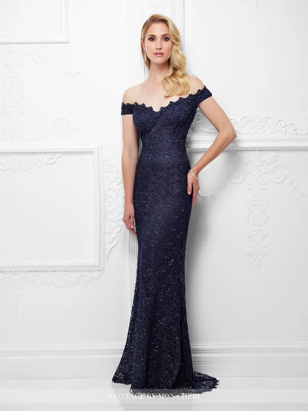Montage 117920 Off The Shoulder Fit And Flare Beaded Lace Gown Elegant Lace Design