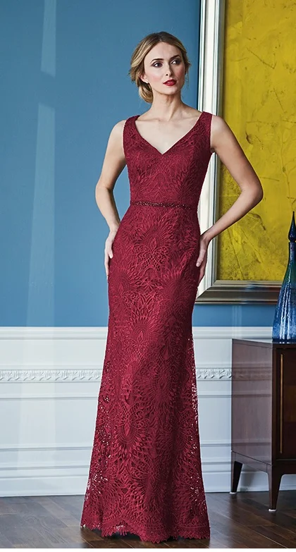 Jade CoutureJ218060 V-Neck Embroidered Lace Gown with Beaded Waistband Bohemian Lace Dress