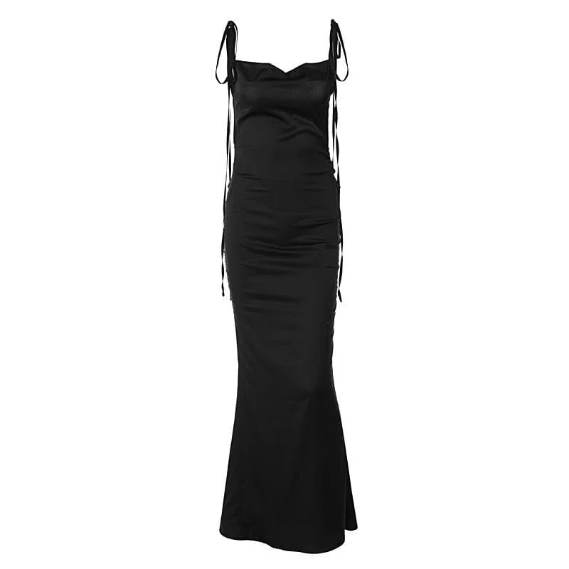 BerryBetty - Satin backless solid cowl neck lace up sleeveless maxi dress Lace Gown Style
