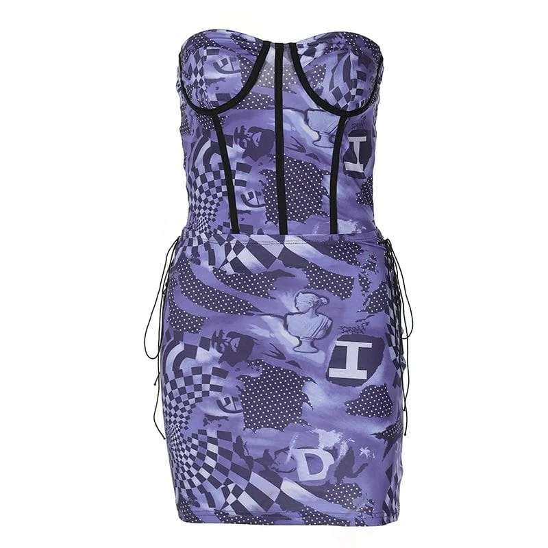 BerryBetty - Lace up backless corset contrast print tube top mini skirt set Lace Dress Elegance