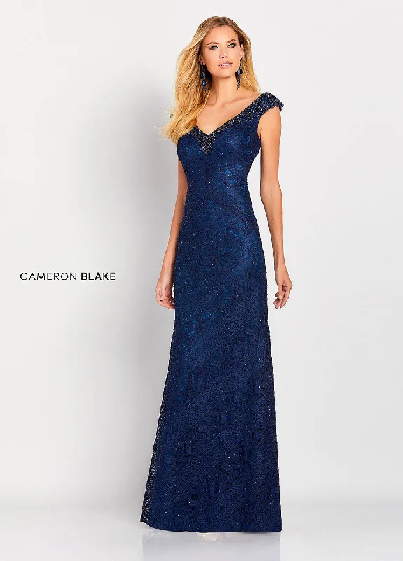 Cameron Blake 119661 Slim A-Line Lace Gown with Beaded V-neckline and Small Cap Sleeve Lace Dress Dreamy