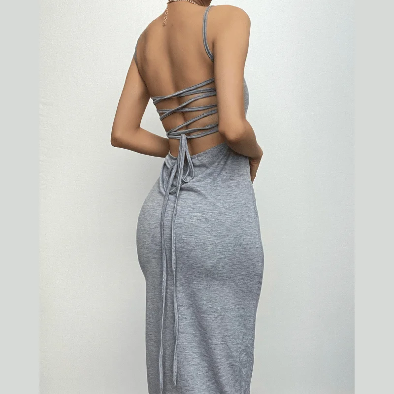 BerryBetty - Cross back lace up self tie backless solid square neck midi dress Lace Dress Twirl