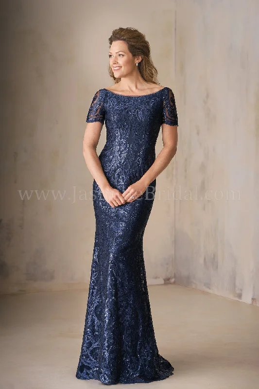Jasmine K208009 Long Portrait Neckline Embroidery Lace MOB Dress with Short Sleeves Lace Dress Lace