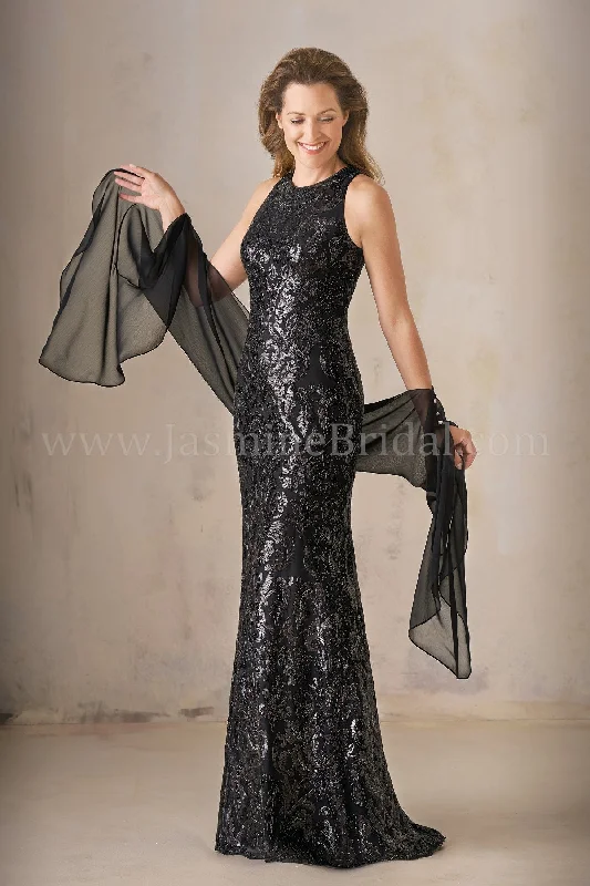 Jasmine K208007 Long Jewel Neckline Metallic Embroidery Lace MOB Dress with Shawl Lace Bridesmaid Gown