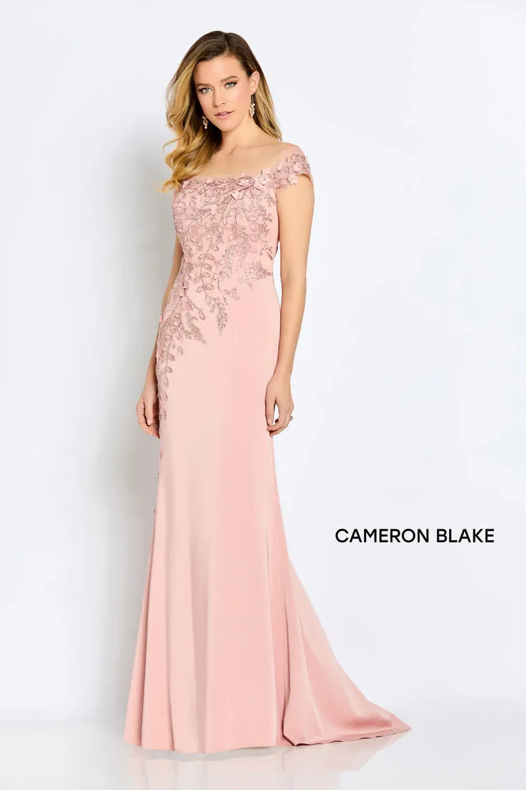 Cameron Blake CB102 Lace Applique Off Shoulder Gown Simple Lace Gown