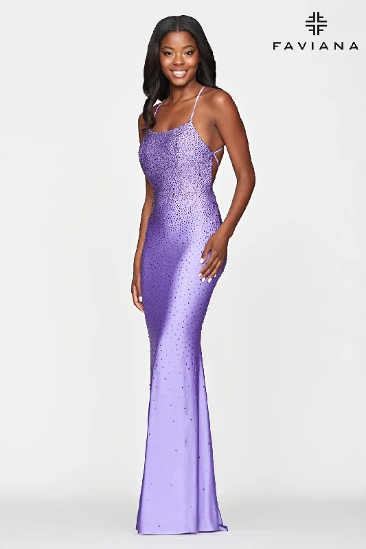 Faviana S10506 Scoop-Neck Hotstone Fit & Flare Gown With Lace-Up Back | Lilac, Royal, Hot Pink, Sunburst Orange Lace Dress Layers