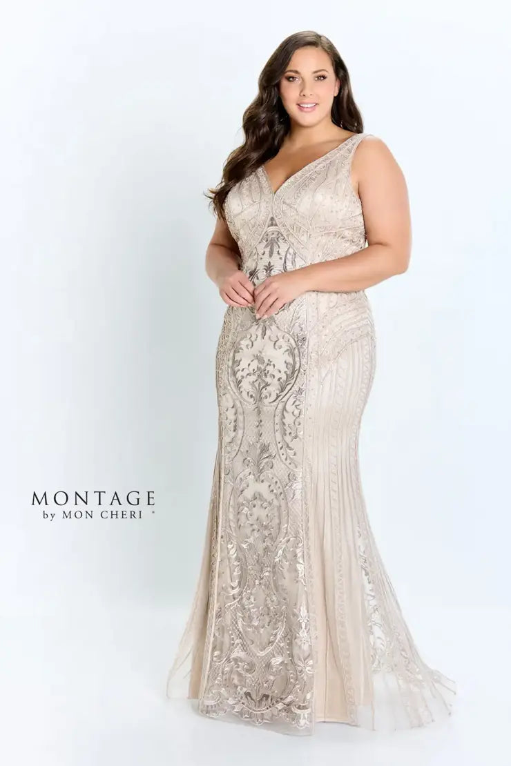 Montage 118975 V-Neck Ribbon Lace Gown Sheer Lace Dress