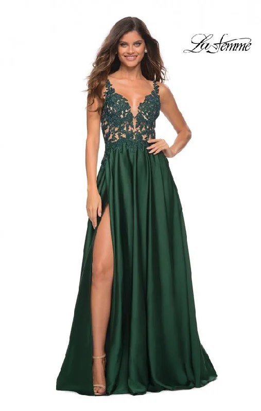 La Femme 30580 Satin Gown with Sheer Lace Bodice Lace Gown Glam