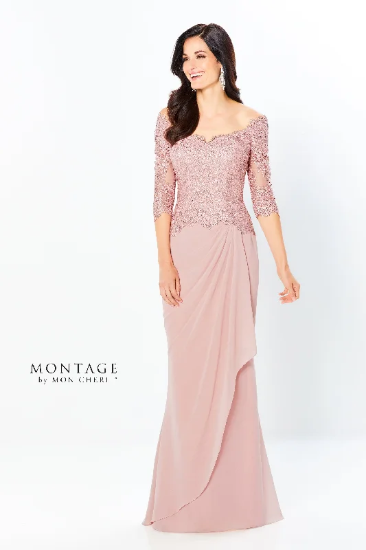Montage 220942 Off The Shoulder Lace Chiffon Gown With 3/4 Sleeve Lace Evening Gown