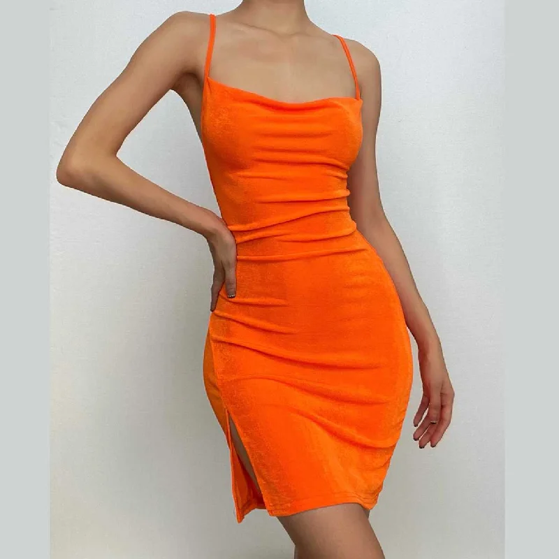 BerryBetty - Cowl neck cross back solid slit lace up backless mini dress Lace Party Gown