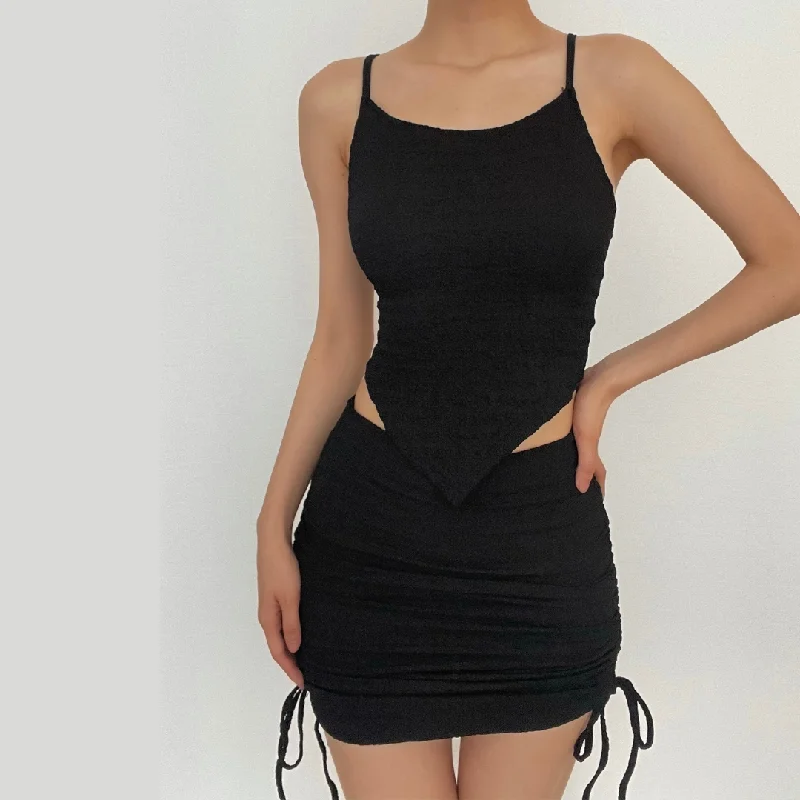 BerryBetty - Corss back lace up drawstring ruched solid cami skirt set Lace Dress Appeal