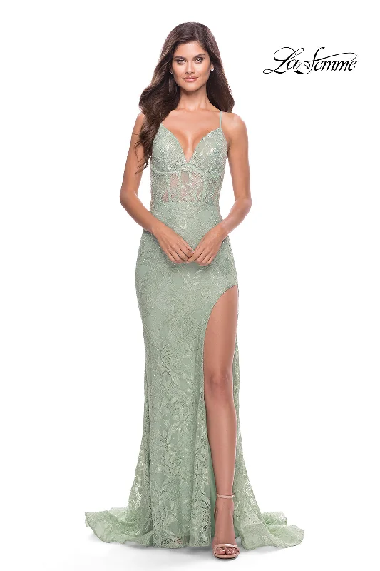 La Femme 31288 Rhinestone Lace With Slit Lace Wedding Gown