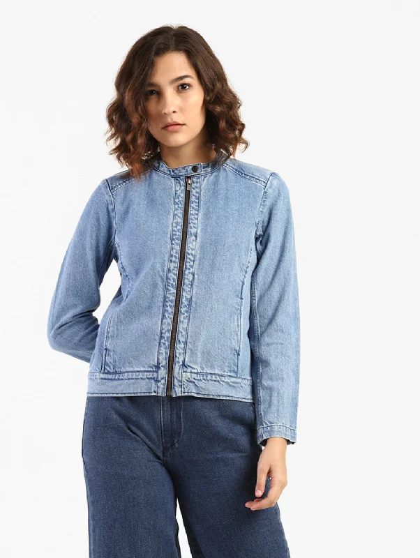 Women's Solid Band Neck Denim Jacket Women's waterproof jackets