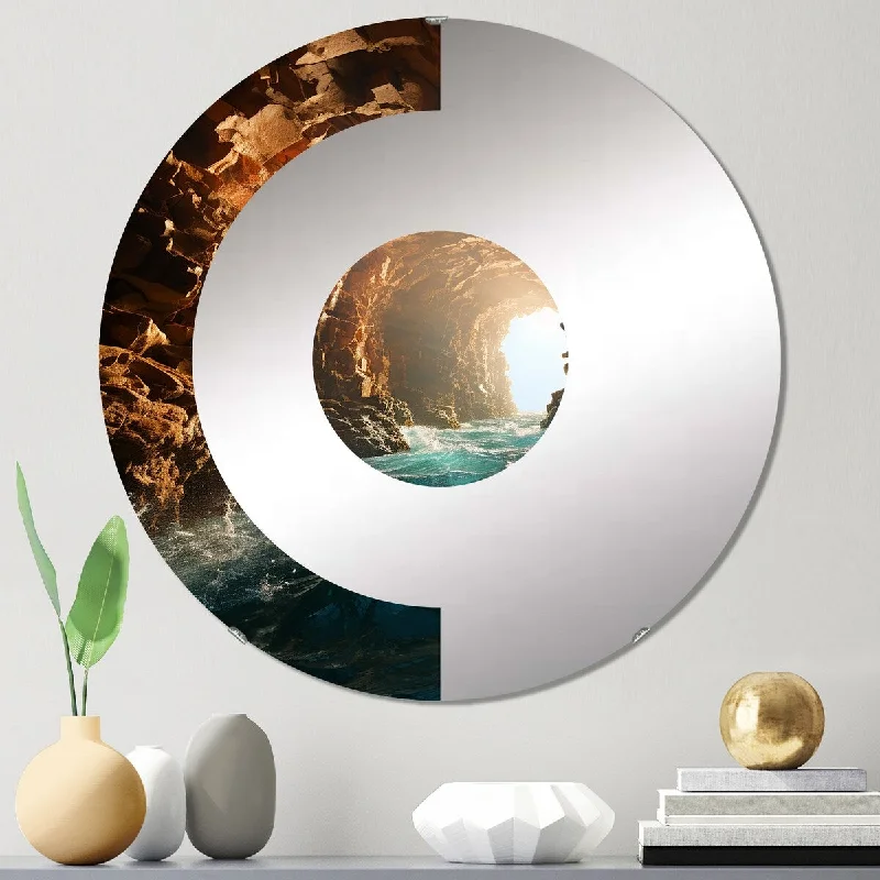 Designart "Waves In Cave Heading Towards The Sun" - Coastal Coastal Waves Half Circle Wall Mirror
