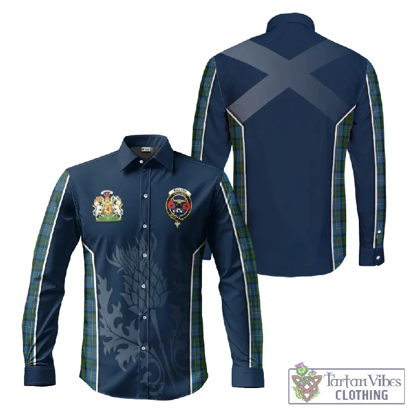 MacLeod Green Tartan Long Sleeve Button Up Shirt with Family Crest and Scottish Thistle Vibes Sport Style