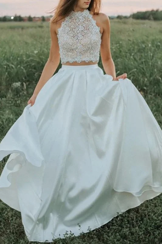 K1351 - Beach Halter High Neck Lace Satin A-Line Long Wedding Dress Luxury Wedding Dress
