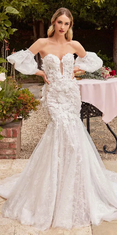 Ladivine CDS434W Long Strapless Lace Mermaid Dress Removable Puff Sleeves Lace Train Dress