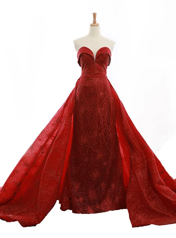 Red Sequins Sweetheart Neck Backless Train Wedding Dress Short Wedding Gown