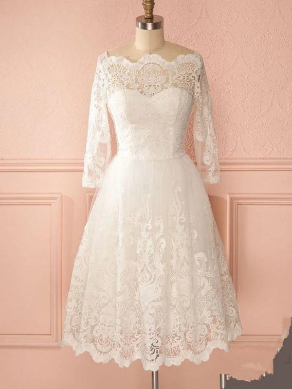 Retro 50s Off the Shoulder Lace Short Vintage Wedding Dress with Long Sleeves Classic Lace Gown