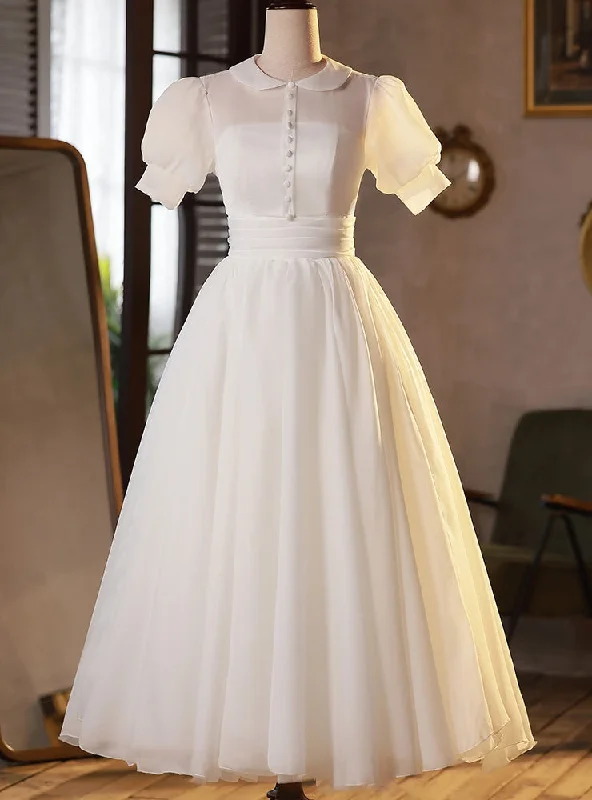 White Tulle Short Sleeve Button Wedding Dress Full Skirt Wedding