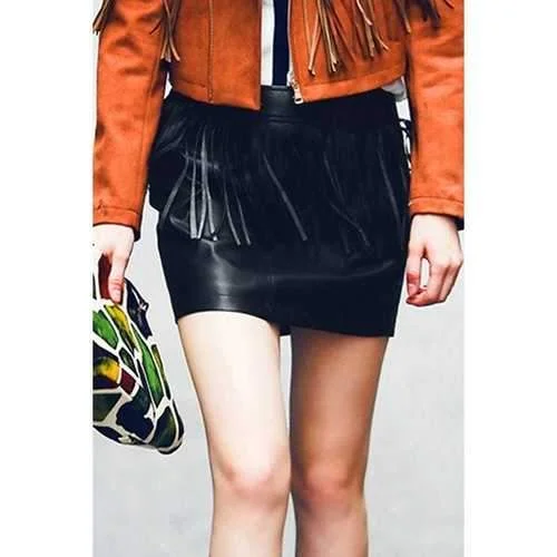 Chic Mid-Waisted Fringed Packet Buttocks Women's Faux Leather Skirt - Black L Boho unclassified skirts