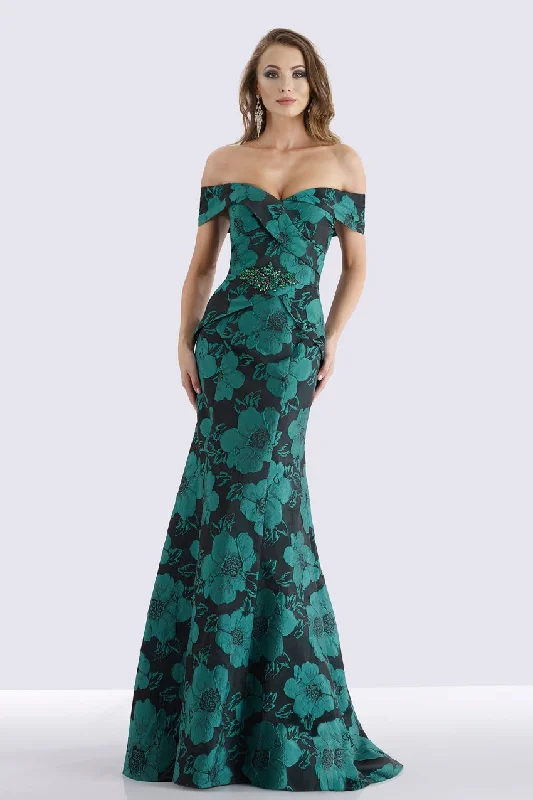 Feriani Couture - 18675 Surplice Fold over Off Shoulder Floral Gown Satin party dresses