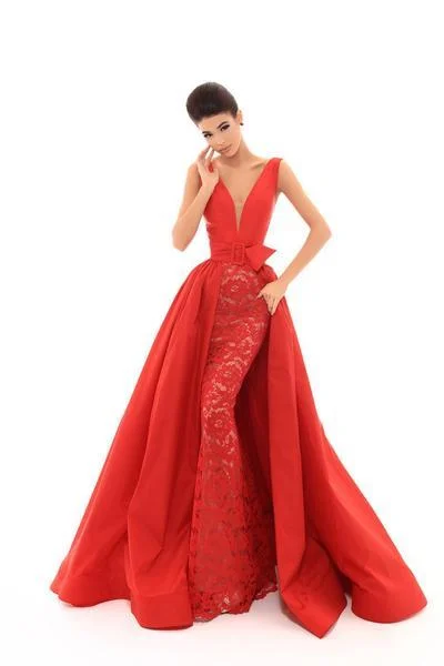 Tarik Ediz - Plunging V-Neck Gown with Detachable Overskirt 50468 - 1 pc Red In Size 6 Available Formal party dresses Tarik Ediz - Plunging V-Neck Gown with Detachable Overskirt 50468 - 1 pc Red In Size 6 Available Formal party dresses