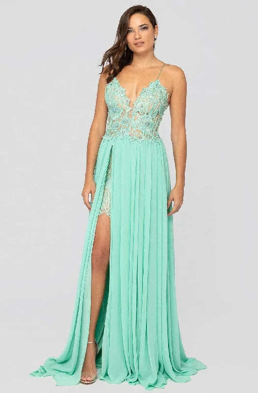 Terani Couture - 1913P8324 Floral Lace Corset Bodice High Slit Gown Leather party dresses
