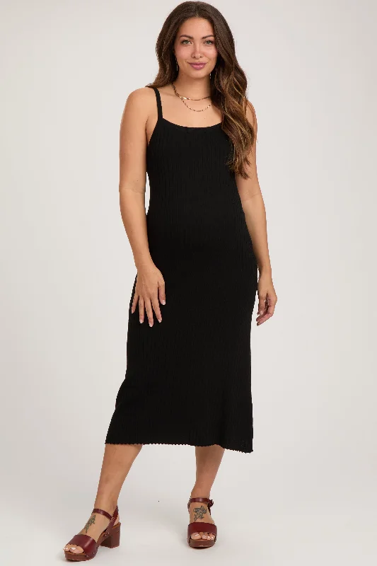 Black Square Neck Ribbed Sleeveless Maternity Midi Dress Corset midi dresses