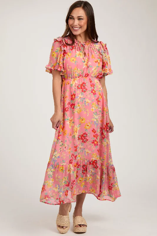 Coral Pink Floral Ruffle Accent Maternity Midi Dress Festival midi dresses
