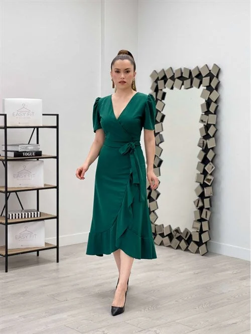 Crep Fabric Midi Dress - Emerald Green Ruffled midi dresses