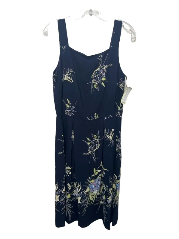 Anna Sui Size 10 Navy & Multi Rayon Floral Square Neck Sleeveless Back Zip Dress Office floral dresses
