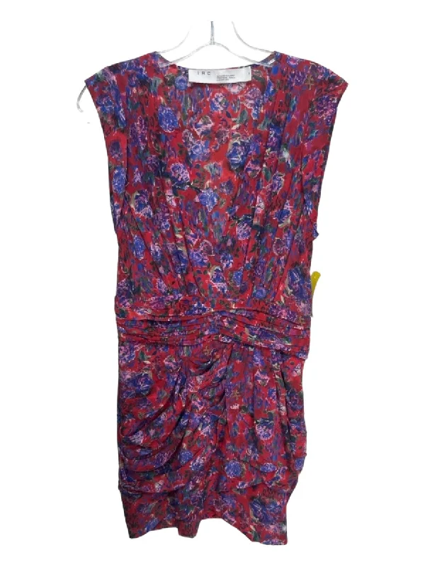 IRO Size 38 Red & Multi Silk Pleated Floral V Neck Sleeveless Dress Women's floral dresses