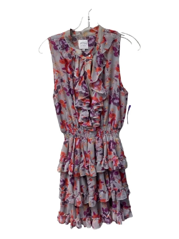 Misa Size Medium Grey, Purple & red Viscose Floral Half Button Sleeveless Dress Fashion-forward floral dresses