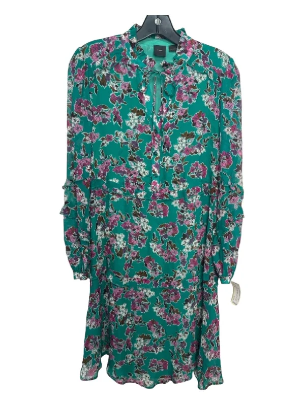 Pinko Size M Green & Multi Floral 1/2 Button Long Sleeve Ruffle Dress Linen floral dresses