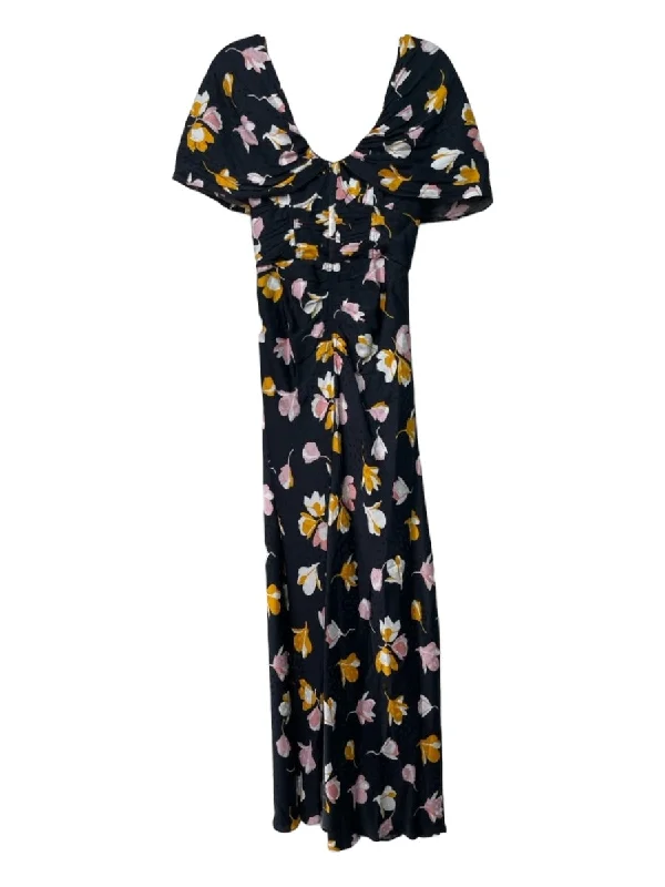 Self Portrait Size 0 Black & Multi Viscose bodice Floral Slit Pleated Dress Flattering floral dresses for all body types