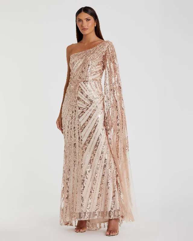 Rose Gold One Shoulder Cape Sleeve Embellished Gown Stretchy unclassified dresses