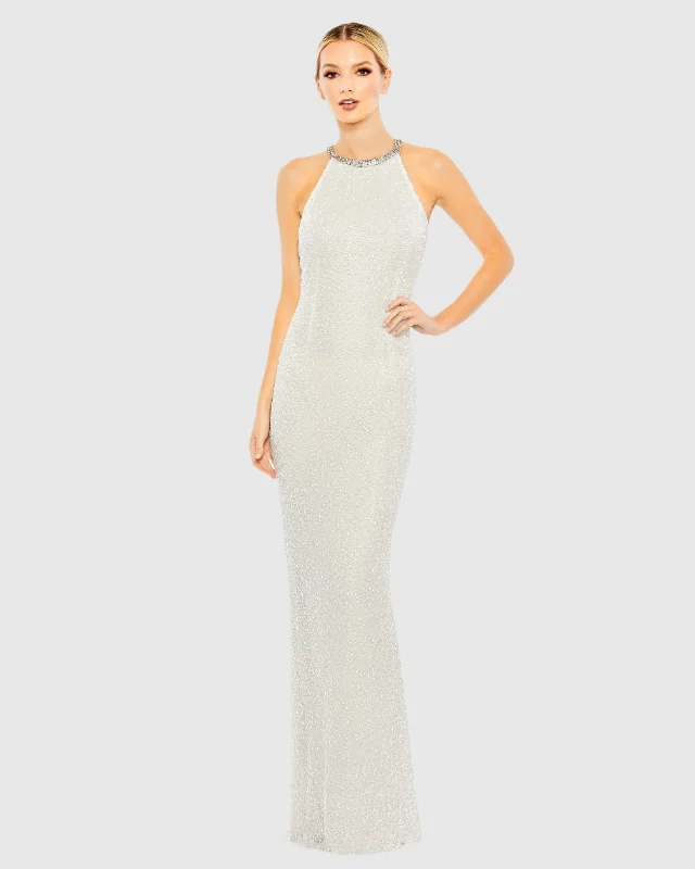 White Beaded Sleeveless High Neck Column Gown Beach unclassified dresses