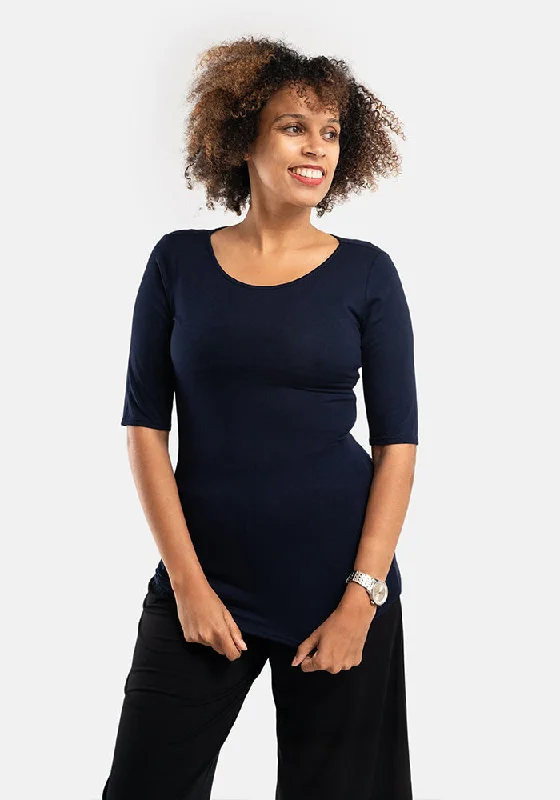 Navy 1/2 Sleeve Round Neck Top One-shoulder unclassified dresses