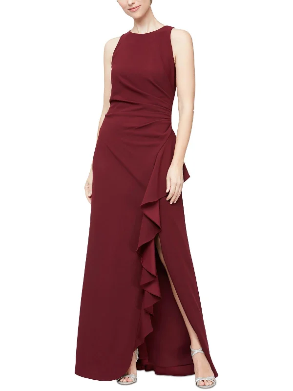 Womens Knit Cascade Ruffle Evening Dress Preppy unclassified dresses