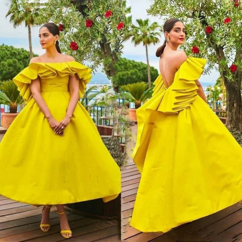 Bright Yellow Short Off The Shoulder Backless Satin Ruffles Gowns Cute Mini Skirt