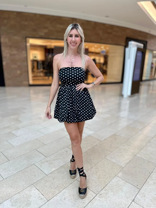 Tube Dot Bubble Mini Dress Fitted Pleated Skirt