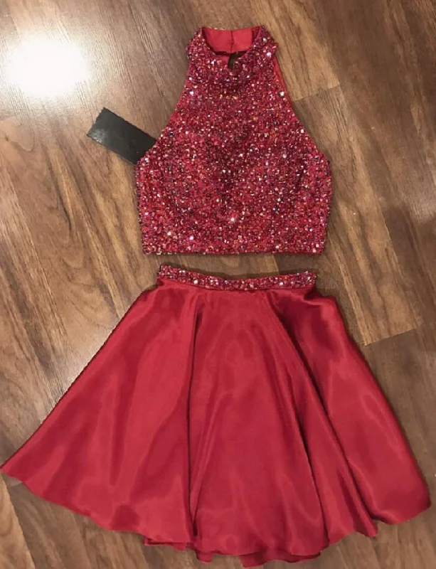 Halter Sleeveless Red A Line Two Pieces Beading Satin Pleated Short Corset Homecoming Dresses outfit Summer Mini Skirt Halter Sleeveless Red A Line Two Pieces Beading Satin Pleated Short Corset Homecoming Dresses outfit Summer Mini Skirt