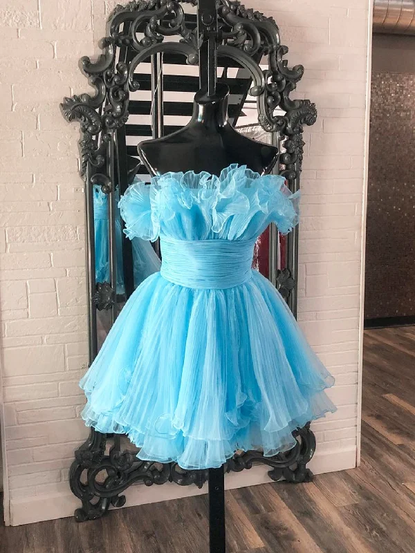 Lovely Blue Strapless A-Line Short Corset Prom Dress, Organza Pleated Ruffle Tiered Corset Homecoming Dress outfit Mini Skirt Look Lovely Blue Strapless A-Line Short Corset Prom Dress, Organza Pleated Ruffle Tiered Corset Homecoming Dress outfit Mini Skirt Look