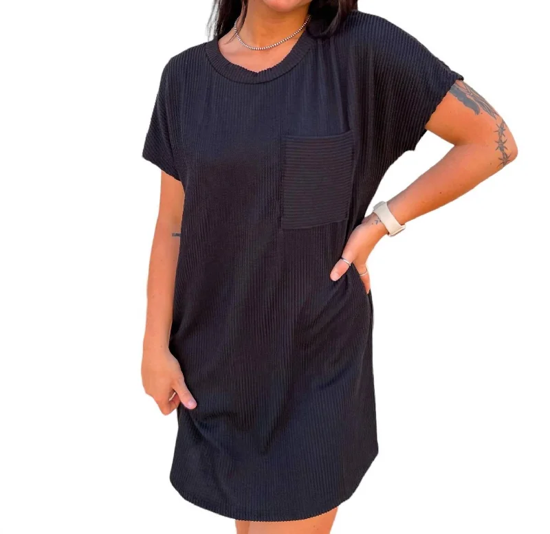 Maggie Ribbed Round Neck Short Sleeve Mini Dress In Black Ripped Denim Skirt
